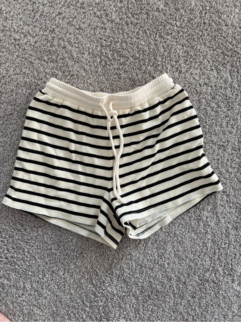 Striped Knit Drawstring Shorts in Cream and Black